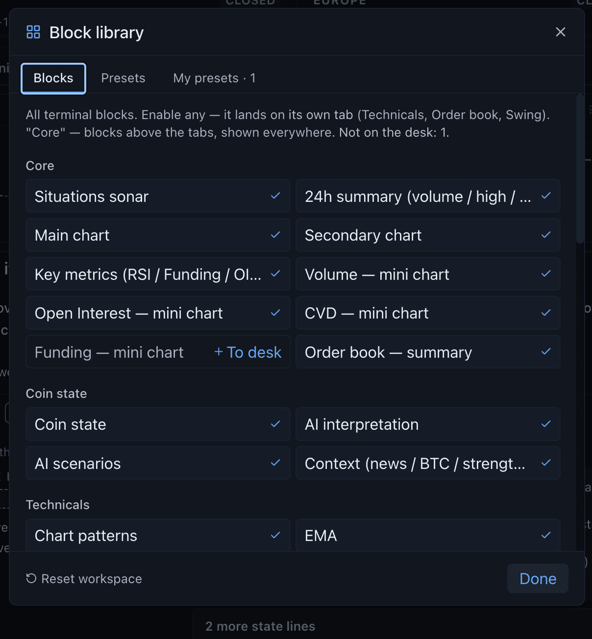 The block library on a coin card, open on the Blocks tab, listing every block with its on-desk state